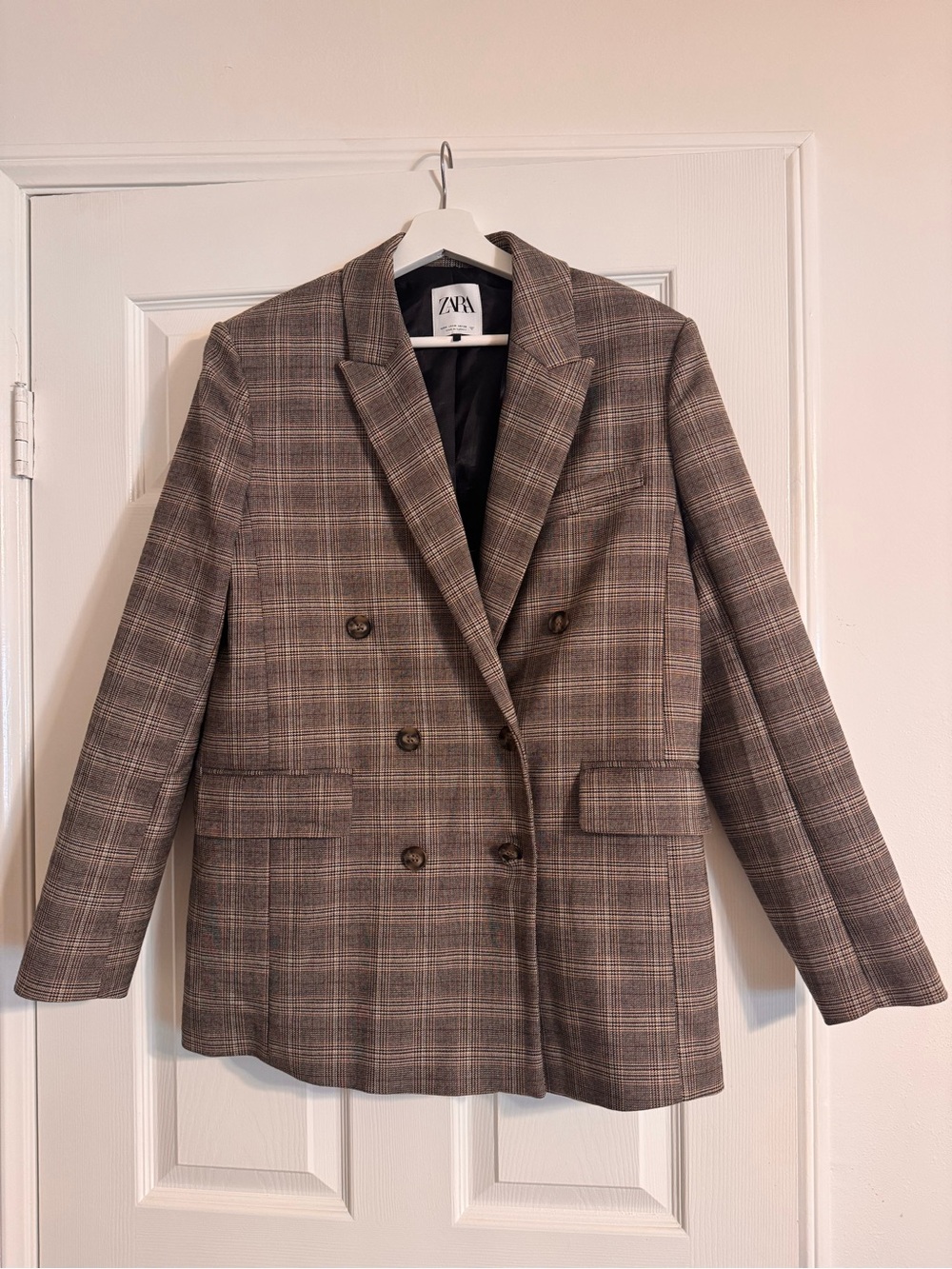 Zara Plaid Double-Breasted Blazer - Brown Plaid